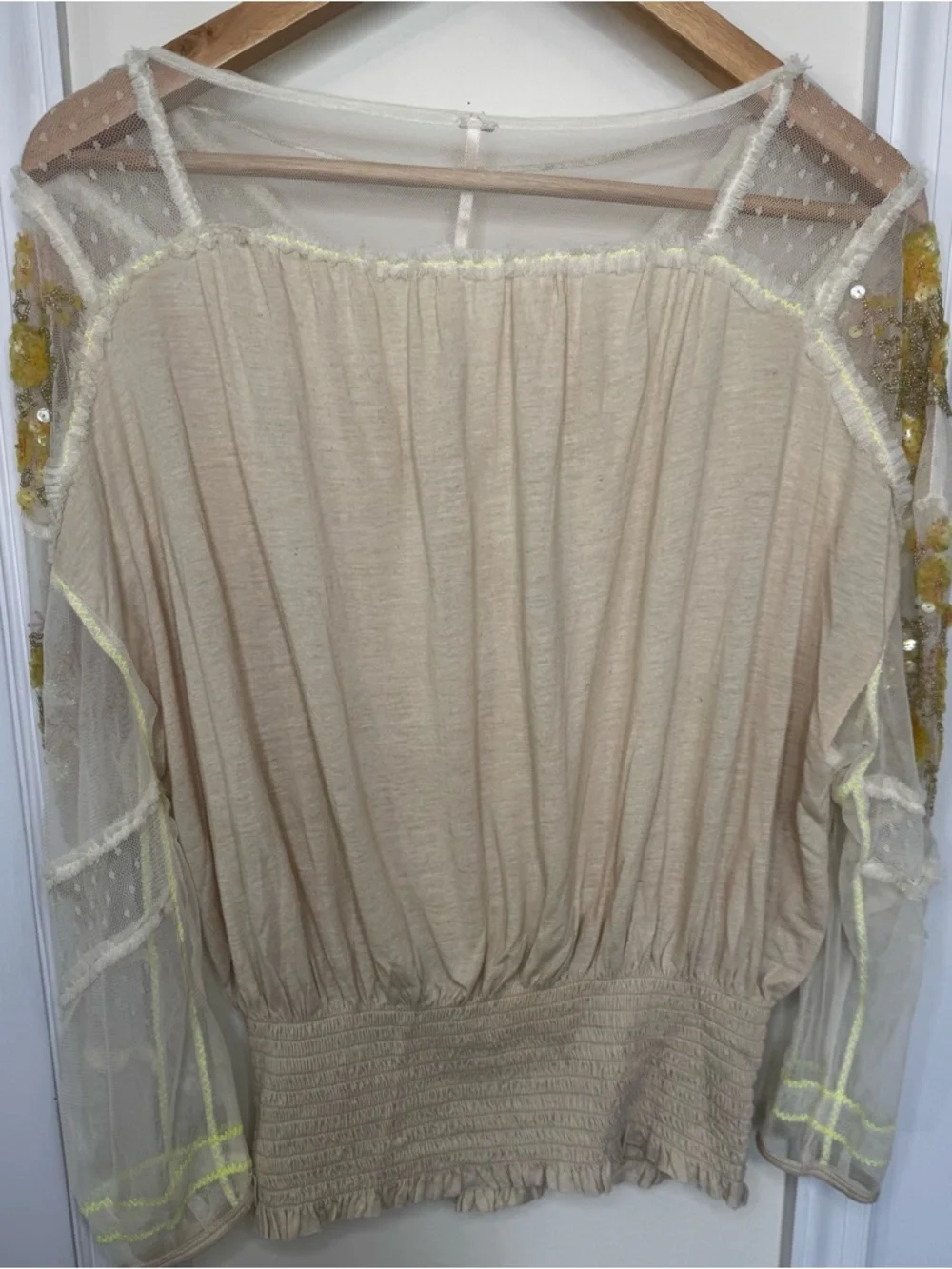 Free People Cream Sheer Embroidered Sleeve Blouse